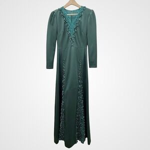 VTG Maxi Dress Gown‎ Forrest Green Lace Trim Long Sleeve Womens XS Holiday Party